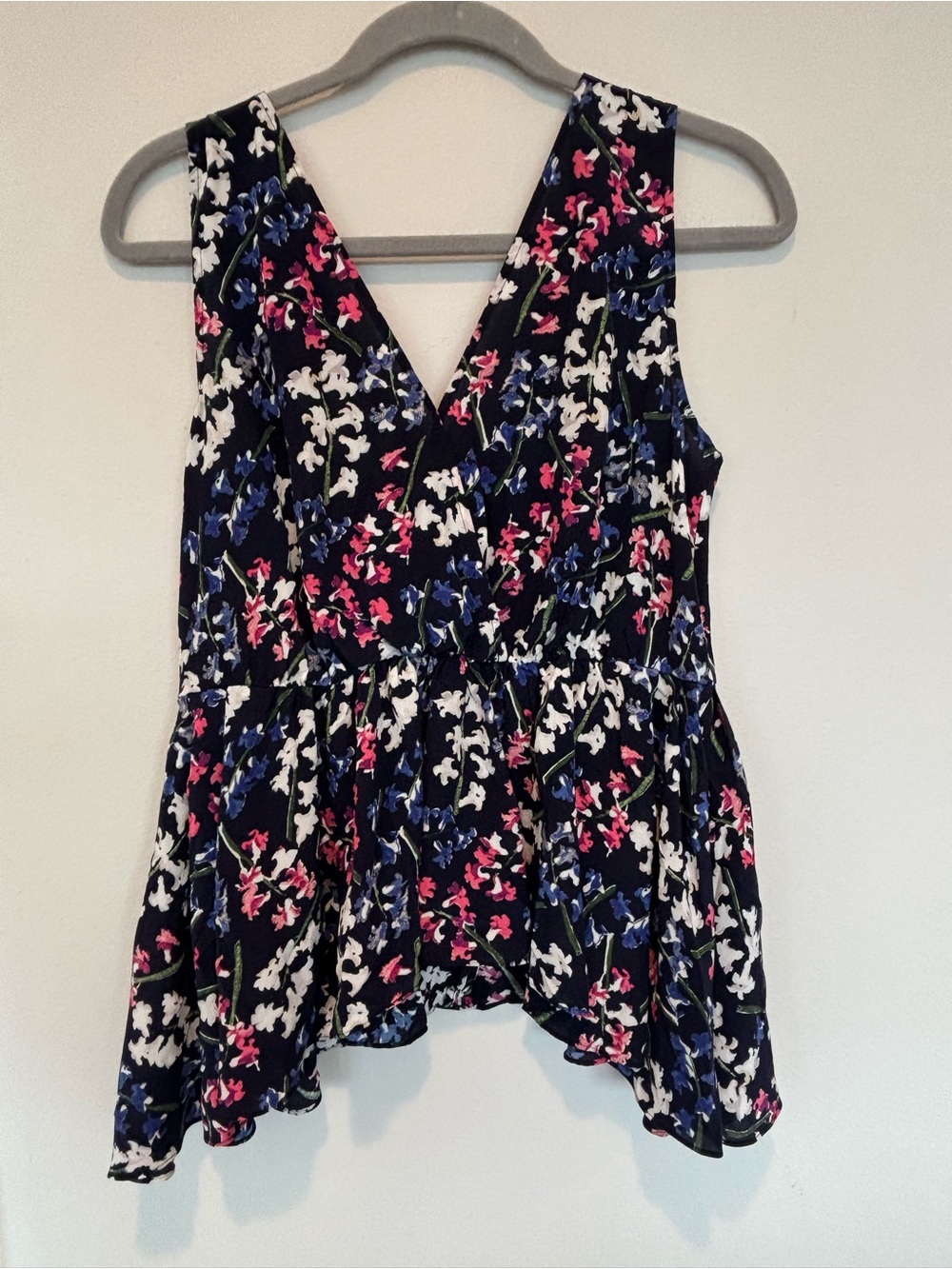 Lewit Silk Black Floral V-Neck Peplum Camisole with Pink & Blue Accents